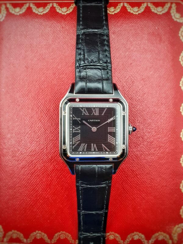 Cartier Santos Dumont Large WSSA0046 Black Lacquer 44mm by 31mm Stainless Steel Complete Set Box Papers